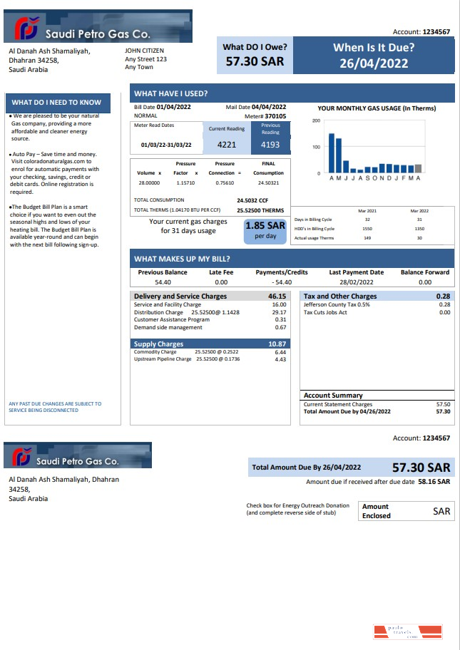 Saudi Arabia Saudi Petro Gas utility bill, Word and PDF template